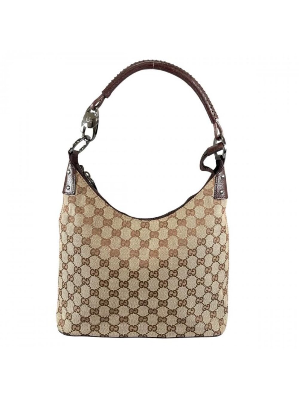 Gucci Shoulder Bag Tote GG Canvas Leather Brown Silver